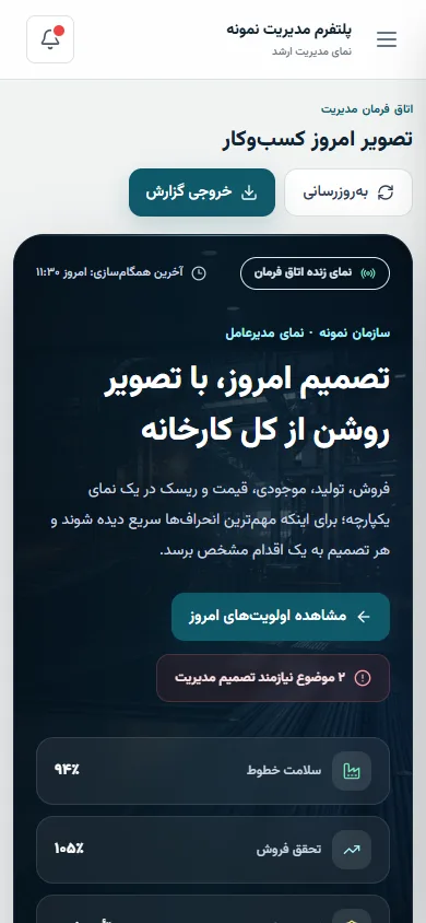 پیشنمایش موبایل اتاق فرمان مدیریتی